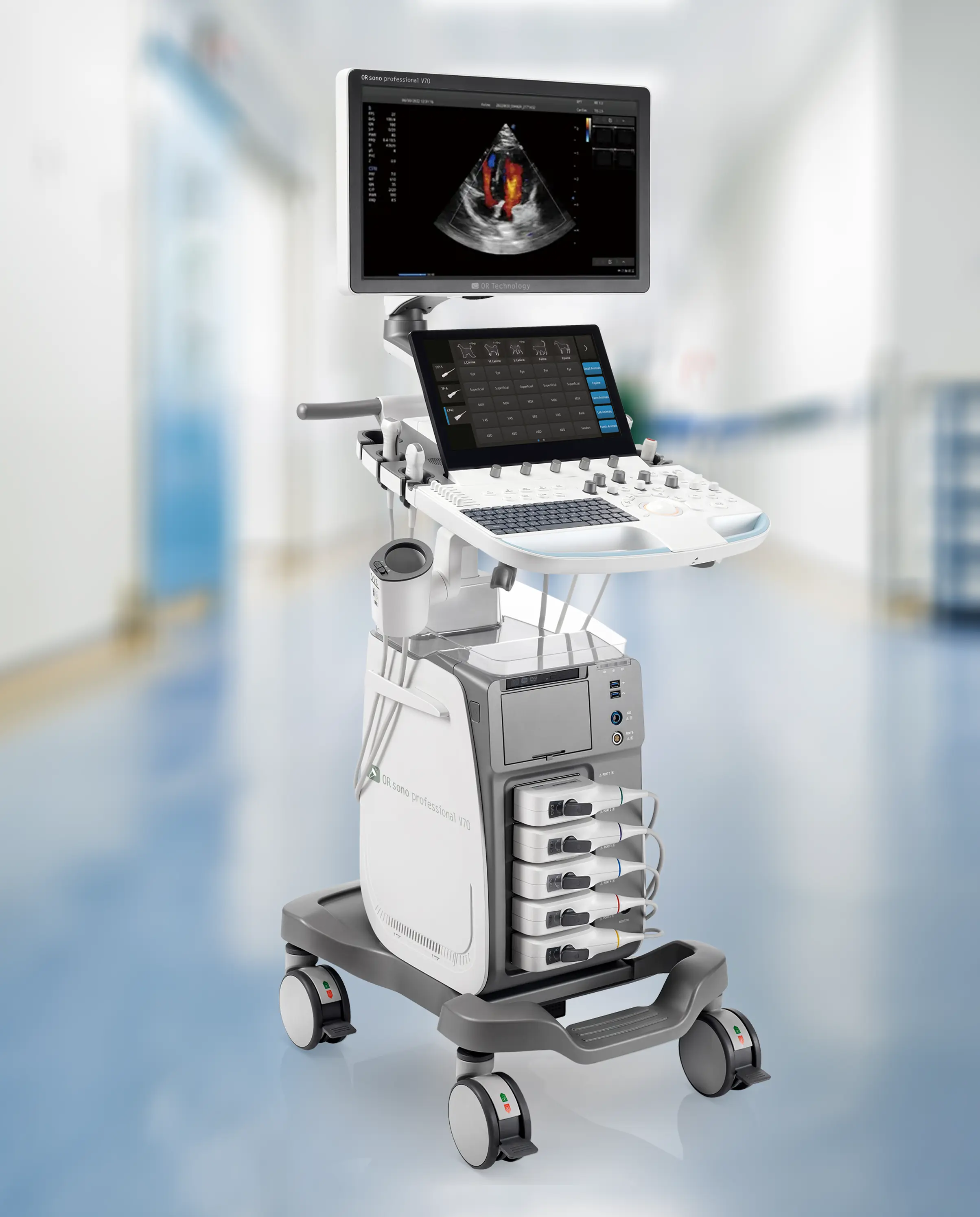 Veterinary mobile ultrasound system ORsono V70 standing in clinic corridor