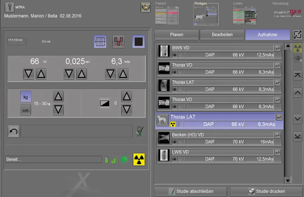 dicomPACS®DX-R software showing X-ray generator settings interface